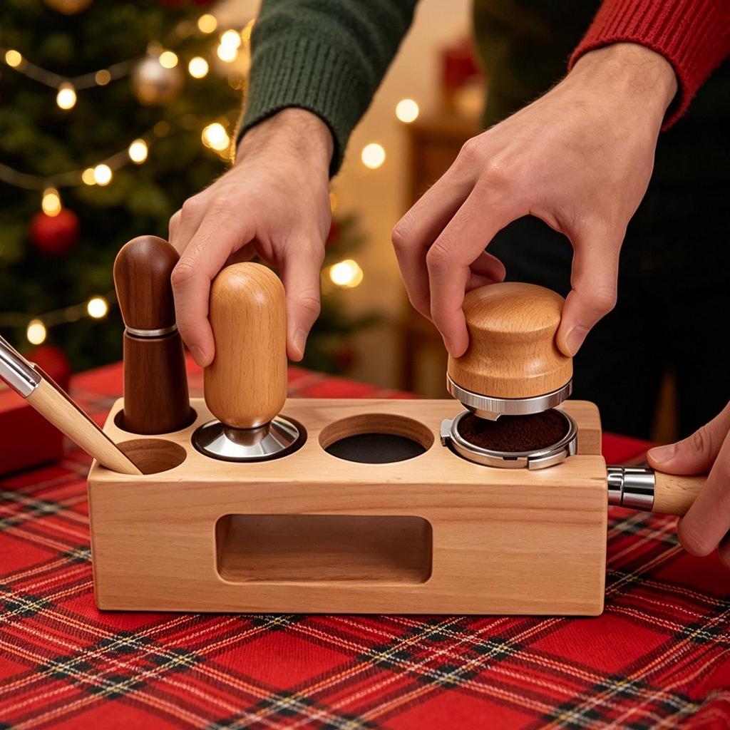 Coffee Tamping Station Espresso Press Hammer Storage Non-Slip Wood Espresso Organizer Stand Coffee Portafilter Tamping Holder