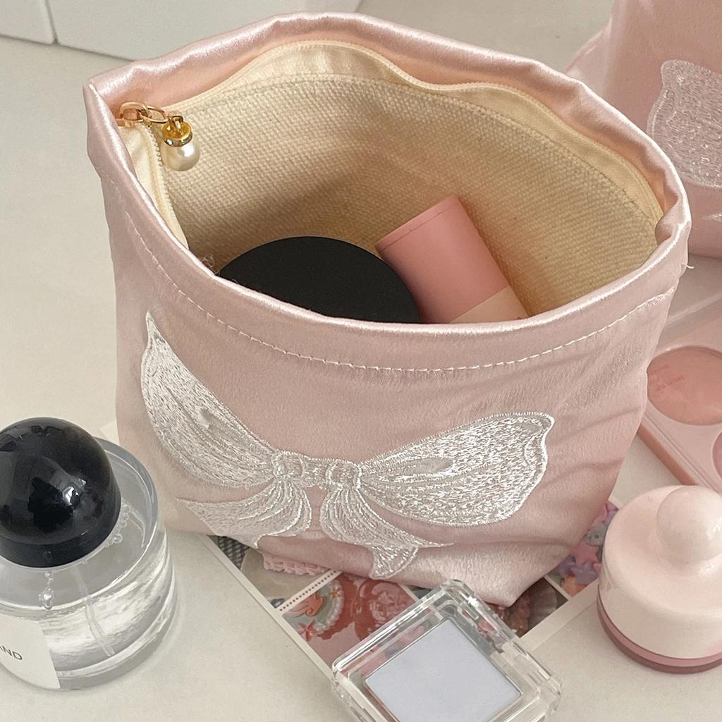 Pink Pearlescent Bow Women's Cosmetic Bags Embroidery Satin Girls Storage Bag Zipper Makeup Bag Toiletry Storage Pouch Handbags