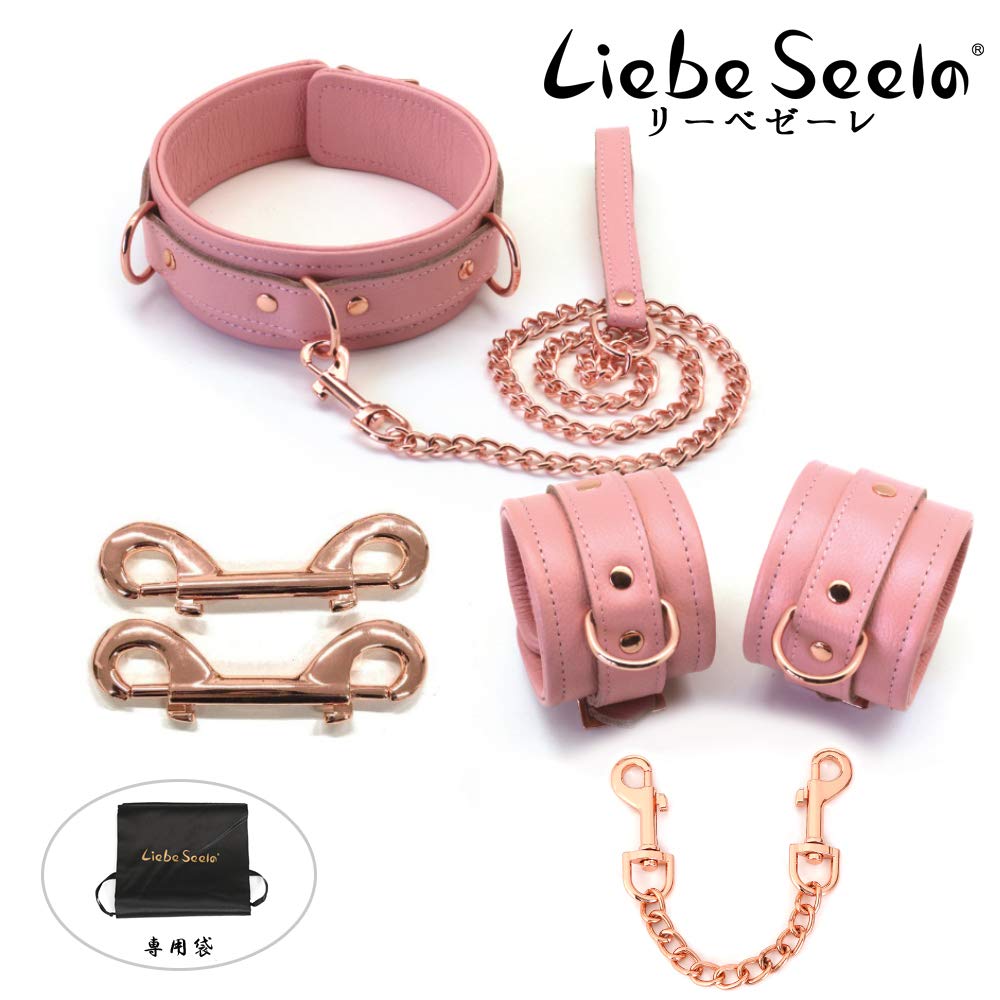 Liebe Seele SM Goods Restraints Genuine Queen High-end Collar, Handcuffs, Set, Leather, Cosplay, Training, (Pink)