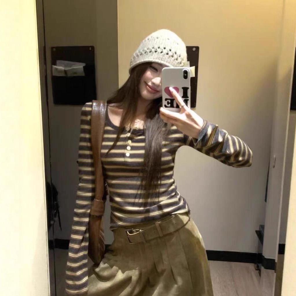 

Women s Slim Fit Color Block Striped U-Neck Long-Sleeve T-Shirt for Spring/Autumn 2025 Large кофейный