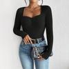 Women's U-Neck Long Sleeve Pleated Slim Fit Casual T-Shirt
