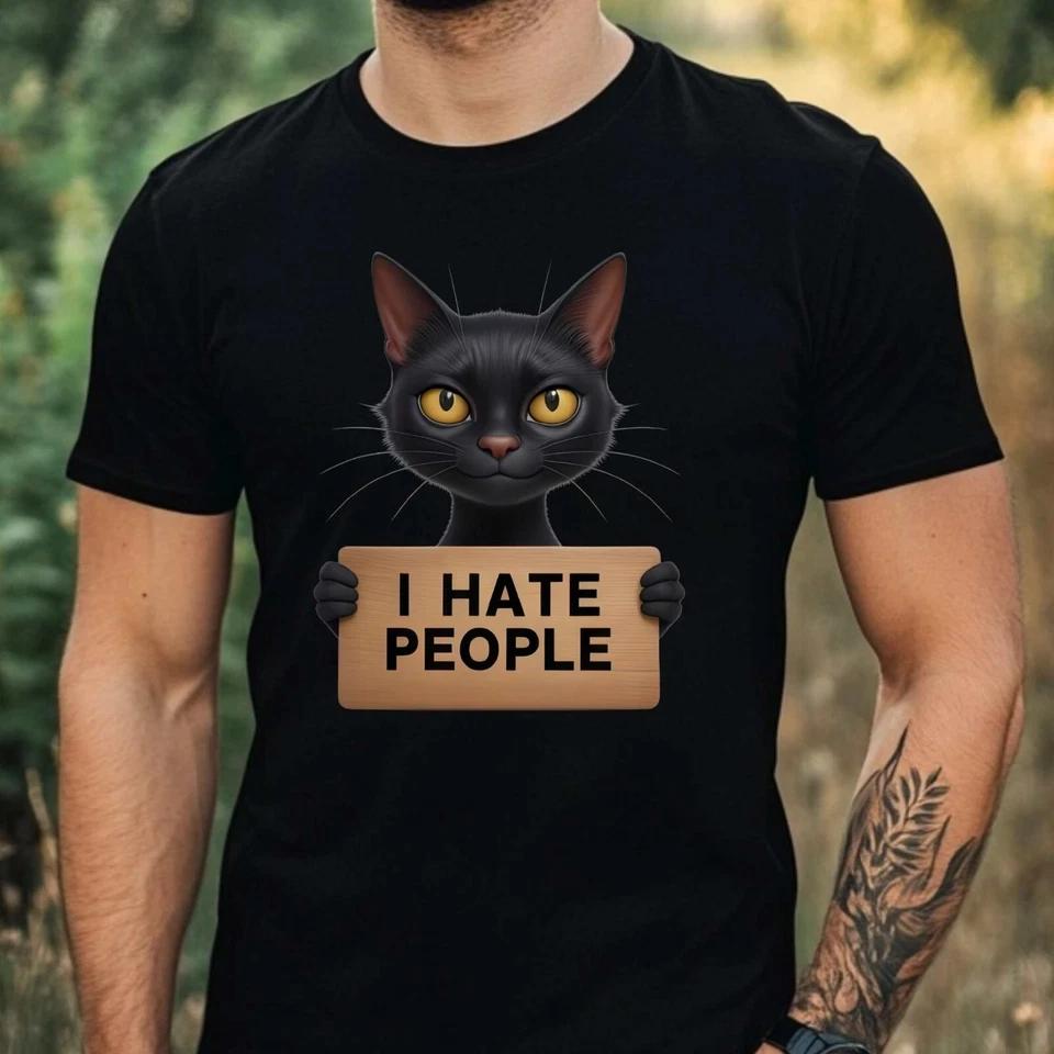 Mens People Hating Cat Motif Cotton T-Shirt Size XS to 5XL-