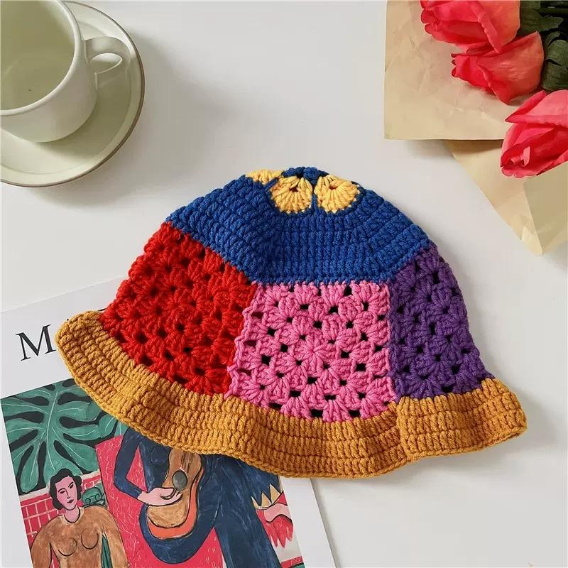 Korean Ins Retro Flower Crochet Bucket Hat For Women Handmade Knitted Hollow Basin Hat Ladies Spring Summer Sunscreen Sun Hat