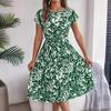 GMXIA Spring Summer Elegant Floral Short-sleeved Wide-swing Pleated Dress for Women's Wear