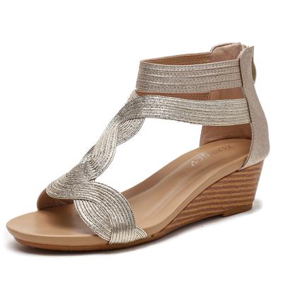 Sandals Women Slope Heel Sandals Europe and the United States Large Size Thin Women's Shoes Back Zipper Roman Shoes