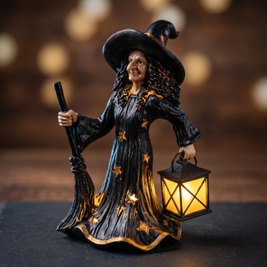 Halloween Home Decor 2Pcs Witch Night Lamp, Holding Lantern Figurine with Gothic Sculpture LED, Glowing Resin Statue for Tabletop Led Lighted