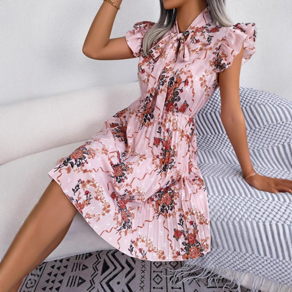 Spring and Summer Temperament Flower Tie Waist Large Swing Pleated Skirt Ladies Fashion Dress Loose Medium Long Skirt
