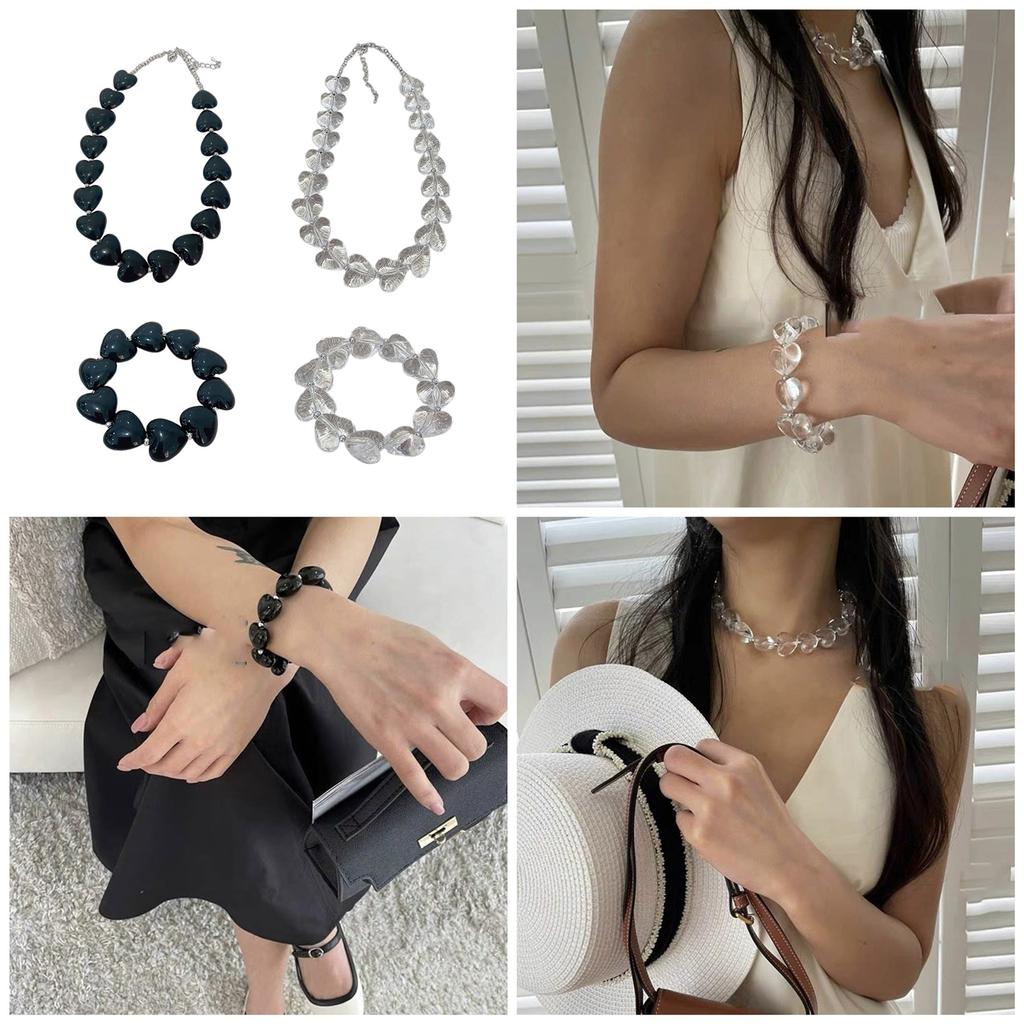 Minimalist Black/Clear Acrylic Heart Pendant Necklace/Bracelet Fashionable Neckchain/Bangle Jewelry for Women Girls