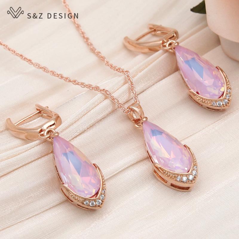 Fashion Water Drop Crystal Dangle Earrings Jewelry Sets For Women Rose Gold Color Zirconia Wedding Necklace