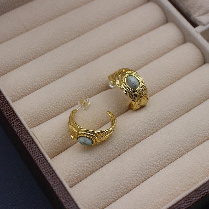Turquoise Feather Jewelry Set: 18K Gold-Plated Adjustable Ring & C-Shaped Earrings. Elegant Niche EU/US Design.