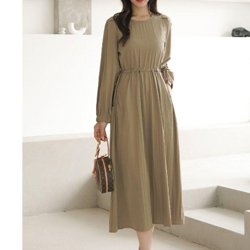 

Plus Size Women s Clothing Fat Sister K-style round Neck Pure Color Nipped-Waist Pocket Simple Mid-Length Long Sleeves Dress Dress Khaki(Figure) 4XL
