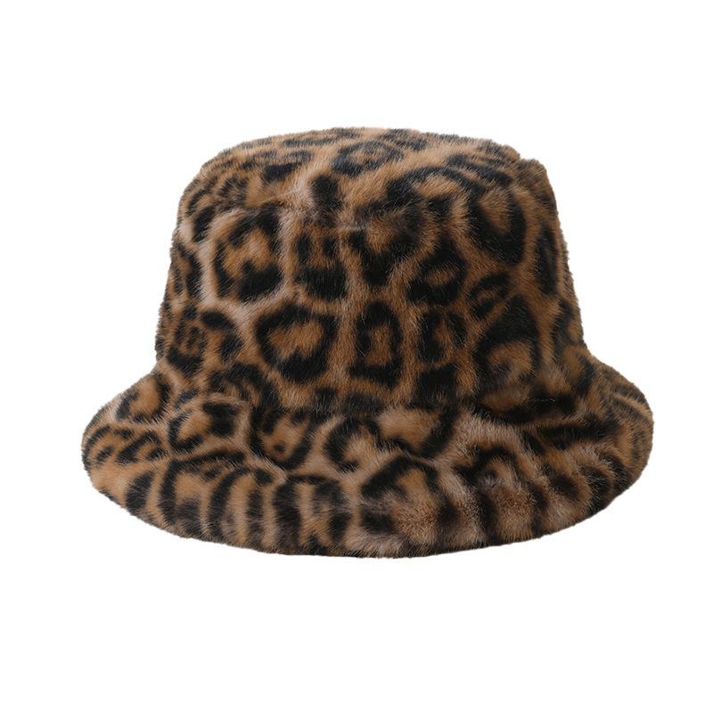 Imitation Mink Leopard Print Bucket Hat Women's Plain Face Hat Autumn and Winter Warm and Cold Leisure Fashion Basin Hat