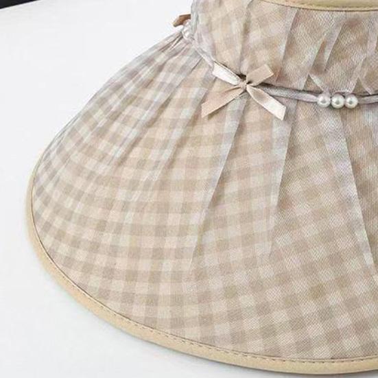 Sonnenhut Kariertes Design Leere Oberseite Vollgesichts-Sonnenschutz Hut mit großem Schirm und Schleife Dekoration mit Kunstperlen Sommer-Reisehut