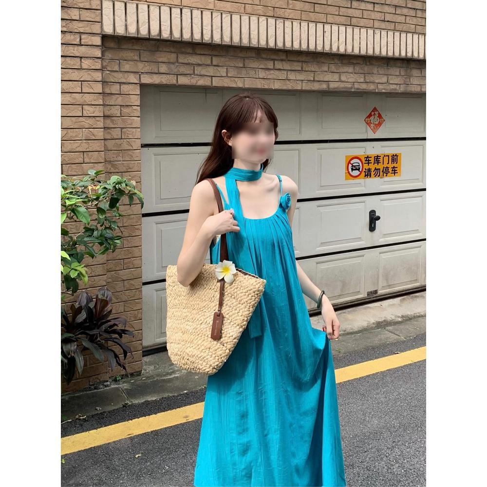 Women's Summer Beautiful Beautiful Long Dress New Small Temperament Seaside Vacation Blue Suspender Dress Casual