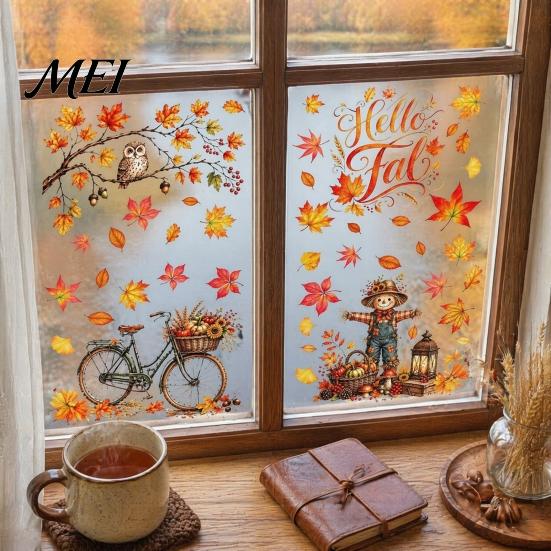 Scarecrow Owl Window Art 6 Sheets Autumn Harvest Static Stickers, Maple Leaves Scarecrows Bicycle Theme Glass Decor Thanksgiving Decals, Reusable PVC