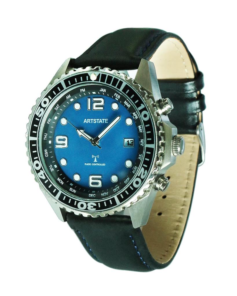 ARTSTATE AS0005A Men's Radio-Controlled Watch, Leather Strap, Date Display, Blue Dial, 5 ATM Water Resistant, Luminous Index, Long Battery Life