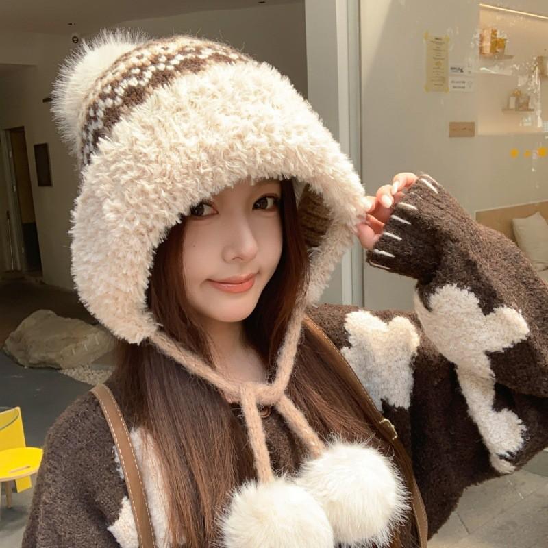 Winter Dicke Warme Mütze mit Ohrenklappen Damen Niedlich Plüsch Quaste Gestrickt Outdoor Kälteschutz