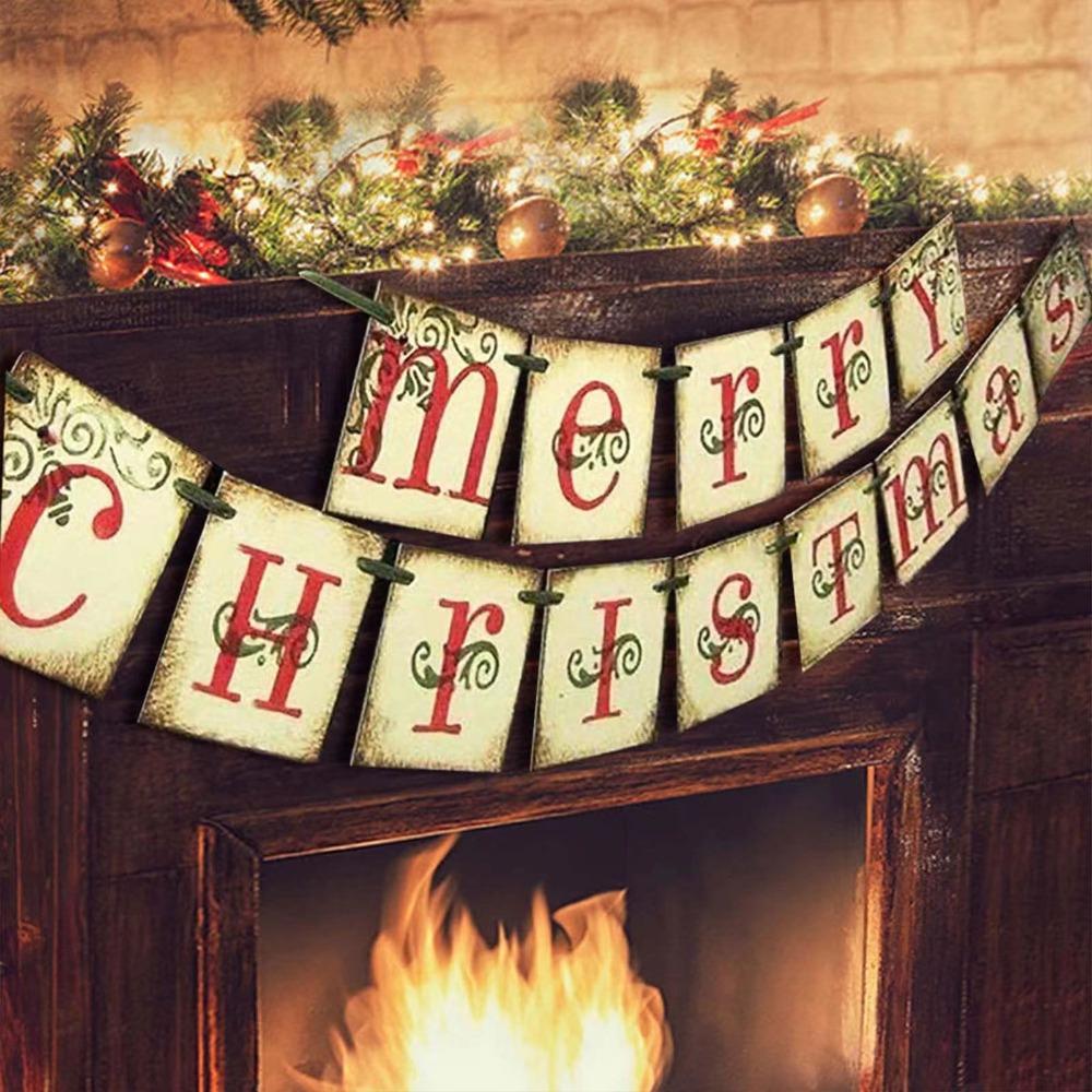 2pcs Christmas Decorations Vintage Merry Christmas Banner Retro Nostalgic Traditional Old Fashioned Victorian Xmas Holiday Decor