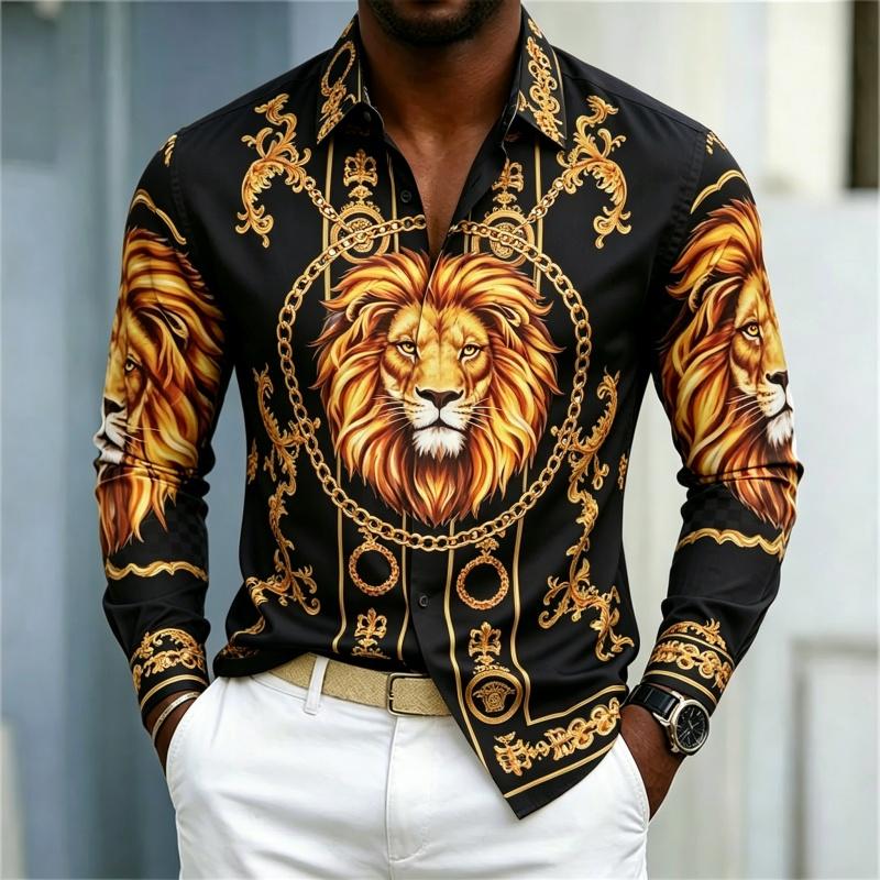 Men's shirt street style animal print shirt white base gilded chain men's slim fit trendy long sleeved business casual shirt