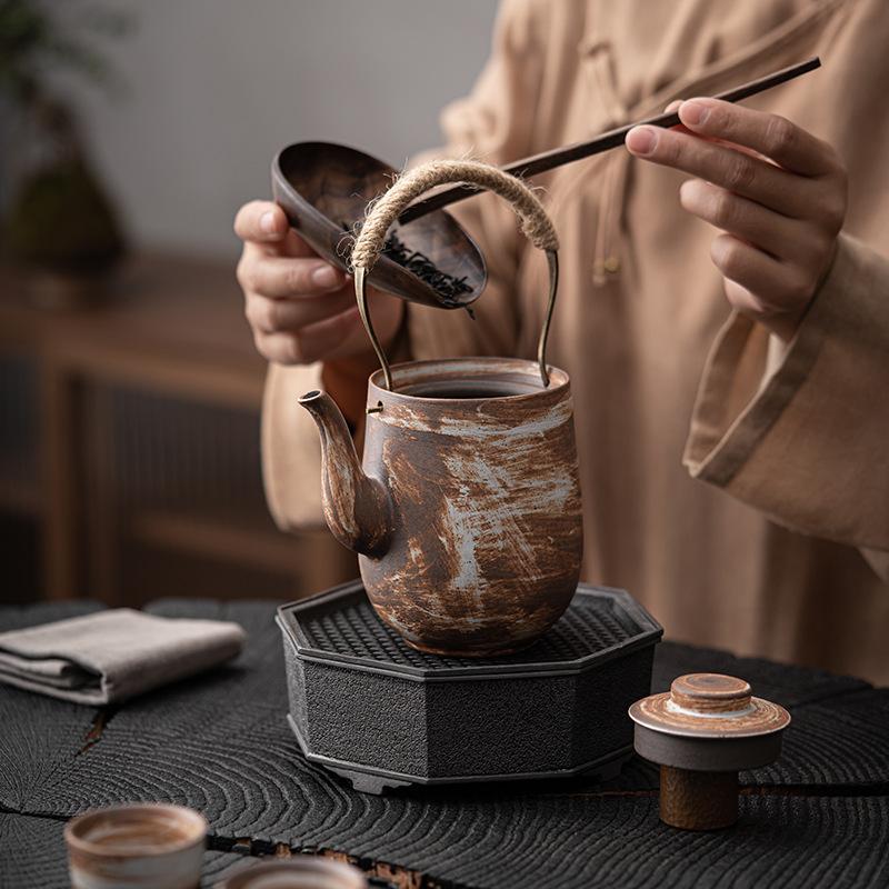Handmade Coarse Pottery Teapot with Handle Antique Ball Hole Tea Filter Ceramic Teapot Single Tea Brewing Device Tea Infuser