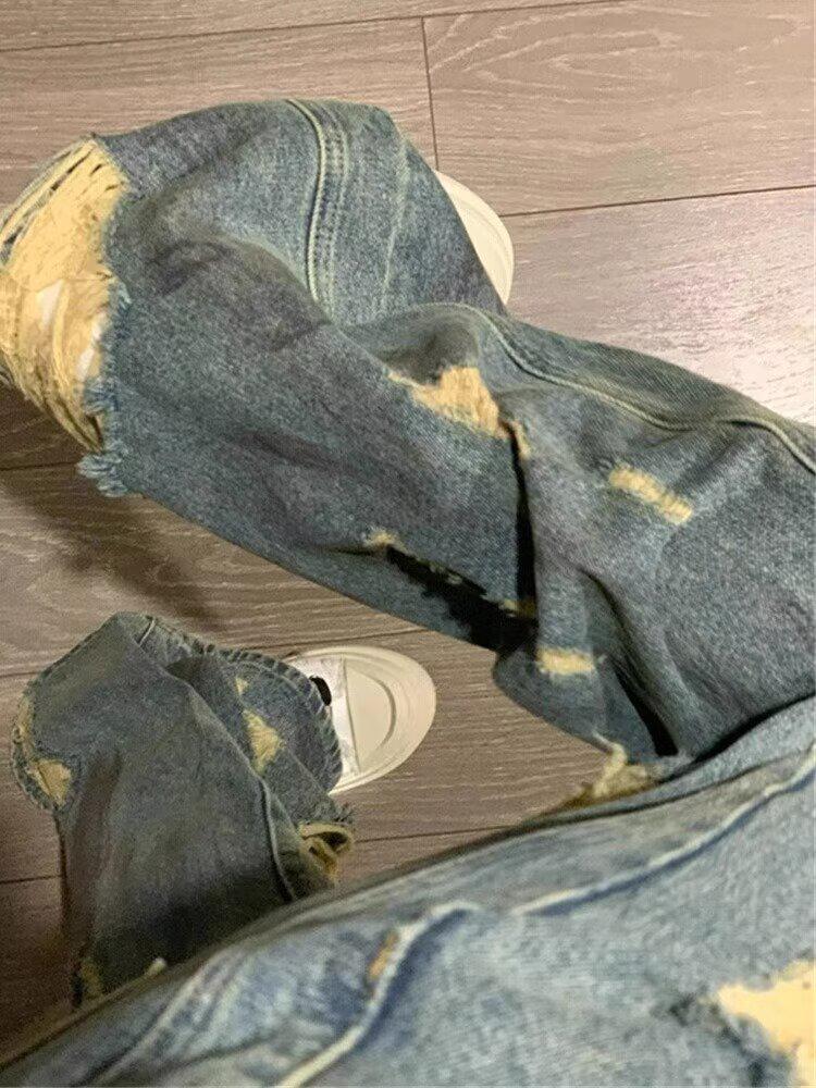 Unisex Amerikanische Retro Batik Ripped Weitbeinjeans