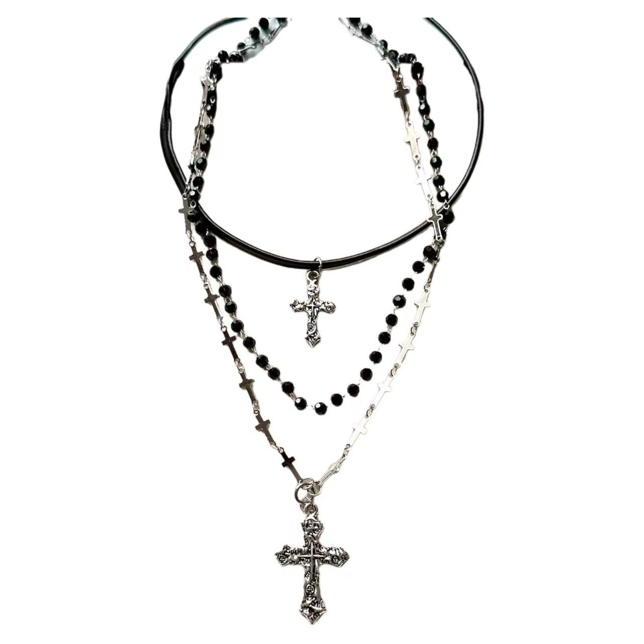 

Vintage Gothic Cross Leather Beaded Necklace Multilayer Stacked Chain Niche Clavicle Chain Pendant Accessories