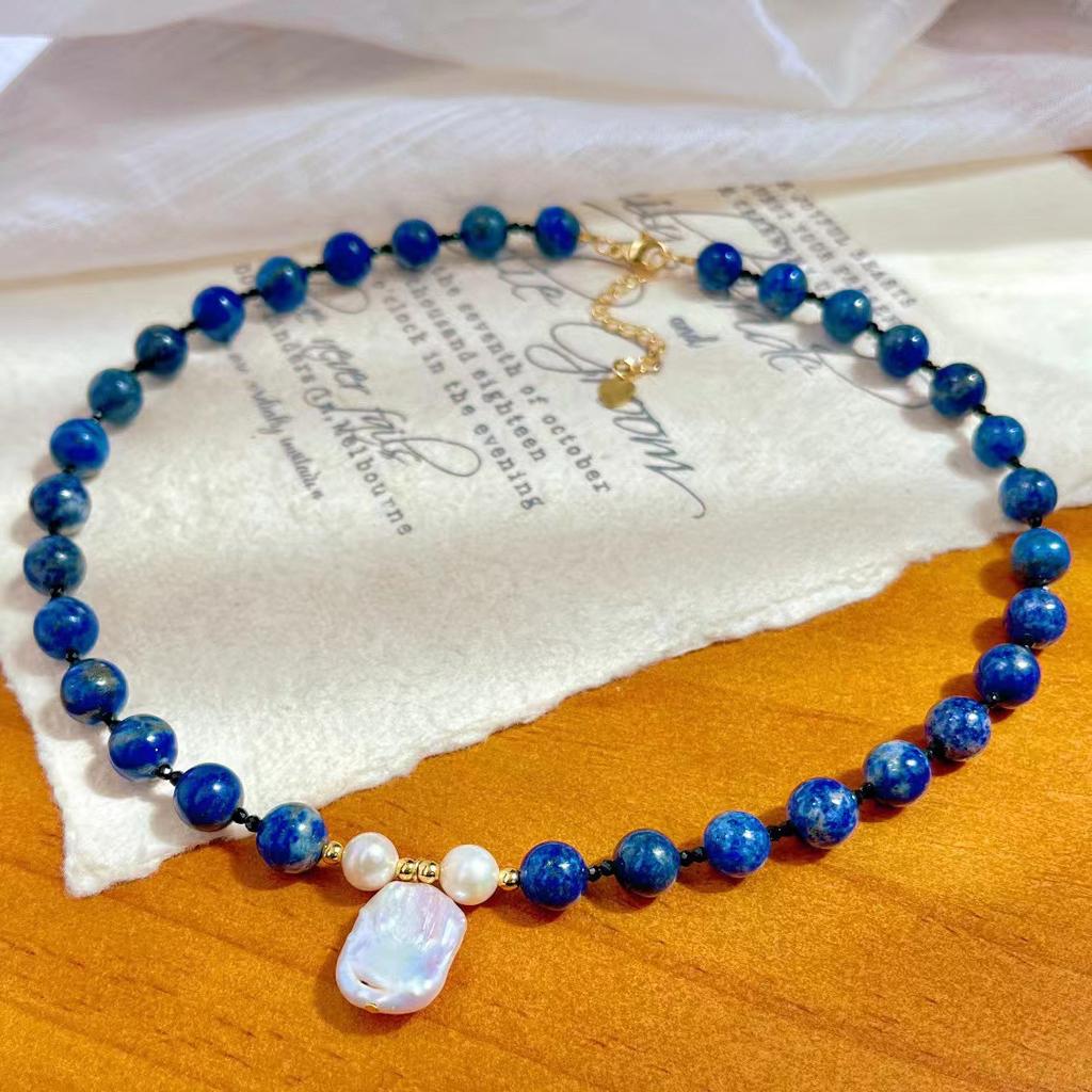 Vintage High Quality Natural Lapis Lazuli Sweater Chain Natural Freshwater Baroque Pearl Necklace