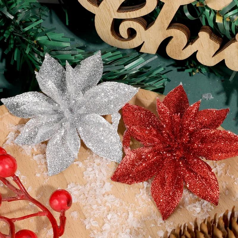 50/5PCS Christmas Artificial Flowers Xmas Tree Wreath Ornaments Glitter Fake Flower Wedding New Year Party Decoration Gifts