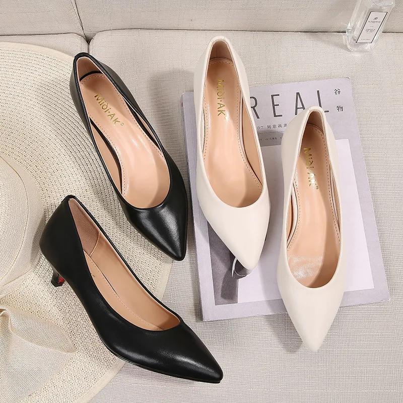 Fashion 2024Women Pumps  OL Style Leather Solid Shoes Low Thin Heels Single Shoes 3.5cmHeels Ladies Office Work Dress Wedges Heels Women