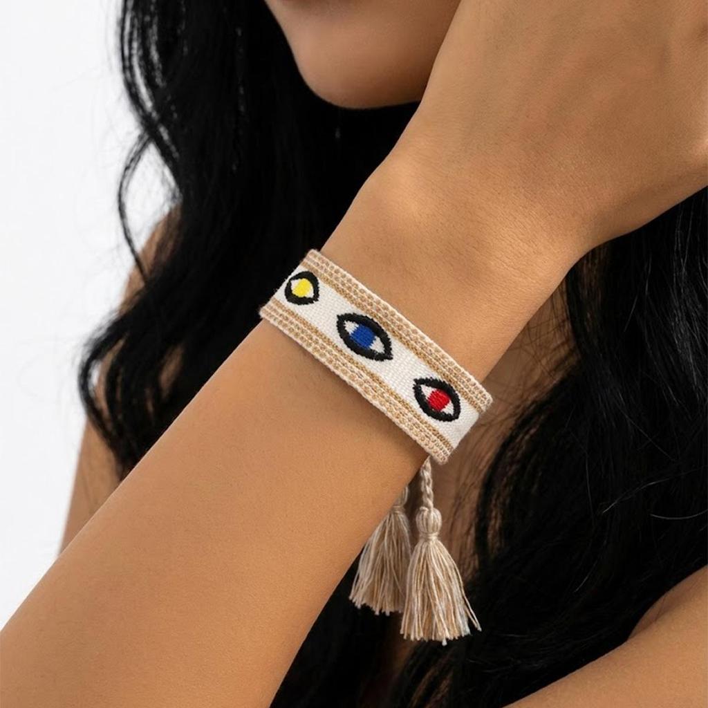 Handmade European Evil Eye Woven Bracelet with Tassel and Embroidered Layer - Lucky Charm for Women