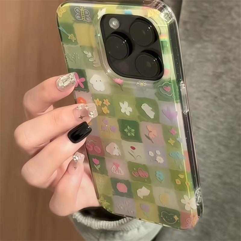 IND green grass grid pattern broken flower rabbit phone case with chain  for iPhone 11 12 13 14 15 16 17 Pro Max