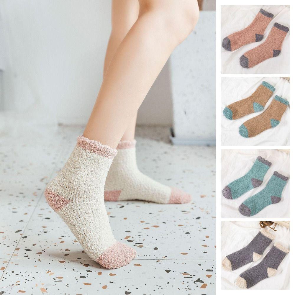 5Pairs Winter Coral Fleece Socks Patchwork Warm Boat Socks Women Cute Floor Plush Socks  Autumn