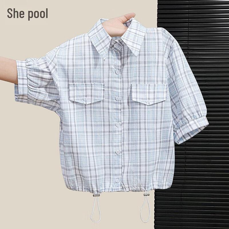 Women s Retro Plaid Drawstring Hem Shirt One Size