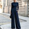 Damen Unifarbener High-Neck Langarm Jumpsuit mit weitem Bein 2026 Herbst Winter Eleganter Lässiger Strick-Overall
