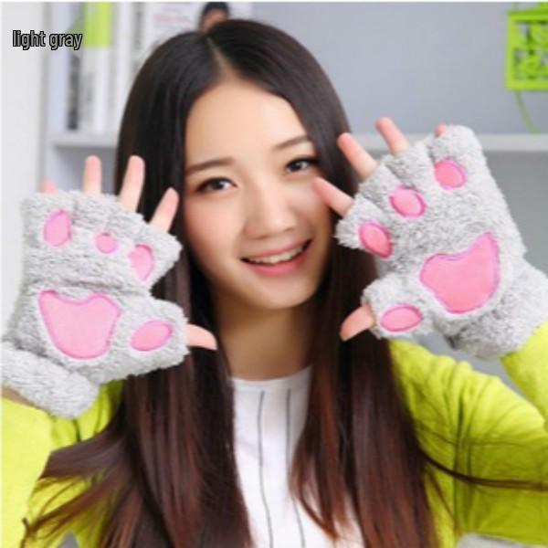 Korean Style Women's Half-Finger Plush Gloves with Embroidered Bear and Cat Paw Design