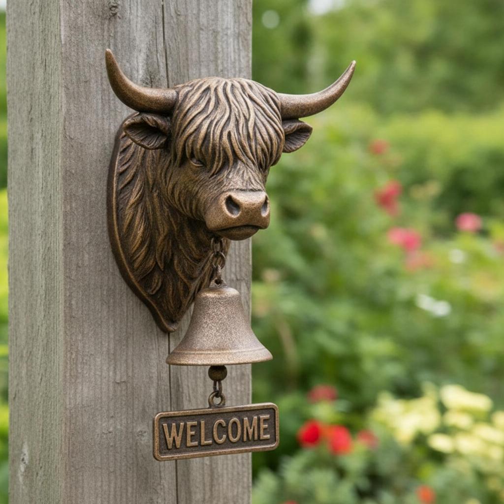 Scottish Cattle Welcome Bell Wall-Hung Decorative with Sign Rustic
