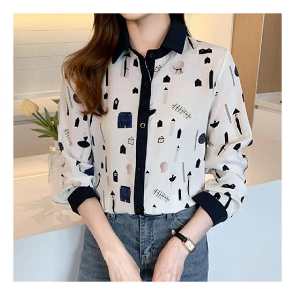 Navava Women Casual Print Color Block Long Sleeve Shirt Nb2284