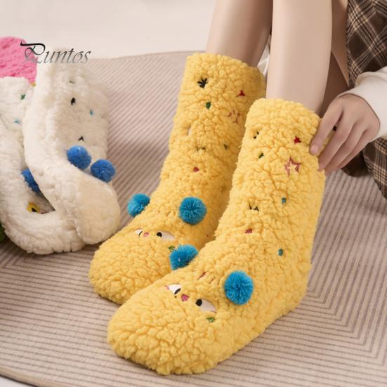 1 Pair Winter Floor Socks Cartoon Design Animal Embroidery Ultra Thick Fleece Keep Warm Mid-tube Non-slip Slipper Socks