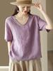 New retro cotton and linen top women's loose and thin V-neck short-sleeved jumper casual solid color T-shirt linen shirt summer