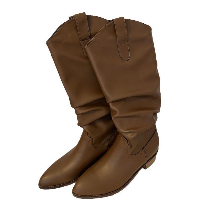 2025 autumn and winter new round head thick heel niche fashion boots Korean version temperament boots but knee