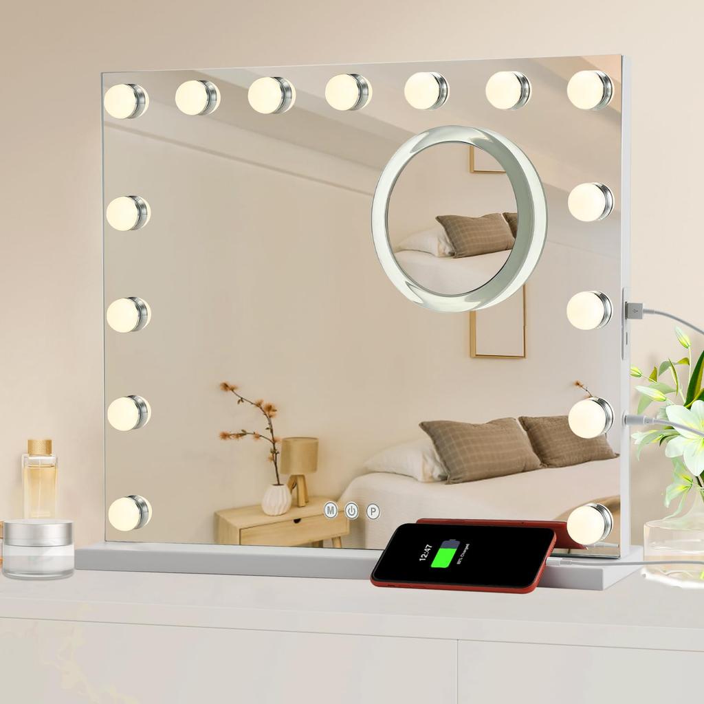 Euker Actress Tabletop with 10x Wall 3 Color Temperature Stepless Brightness USB Port Mirror, Mirror, Large, Light, Magnification, Mountable,
