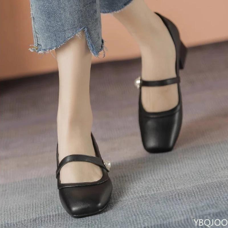 New versatile Women's high heel French soft leather thick heel Shoes Fashion square toe shoes Elegant Comfort ladies pumps Mujer