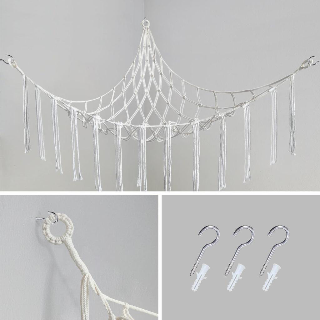 Corner Hanging Woven Cotton Rope Toy Storage Net with Tassels