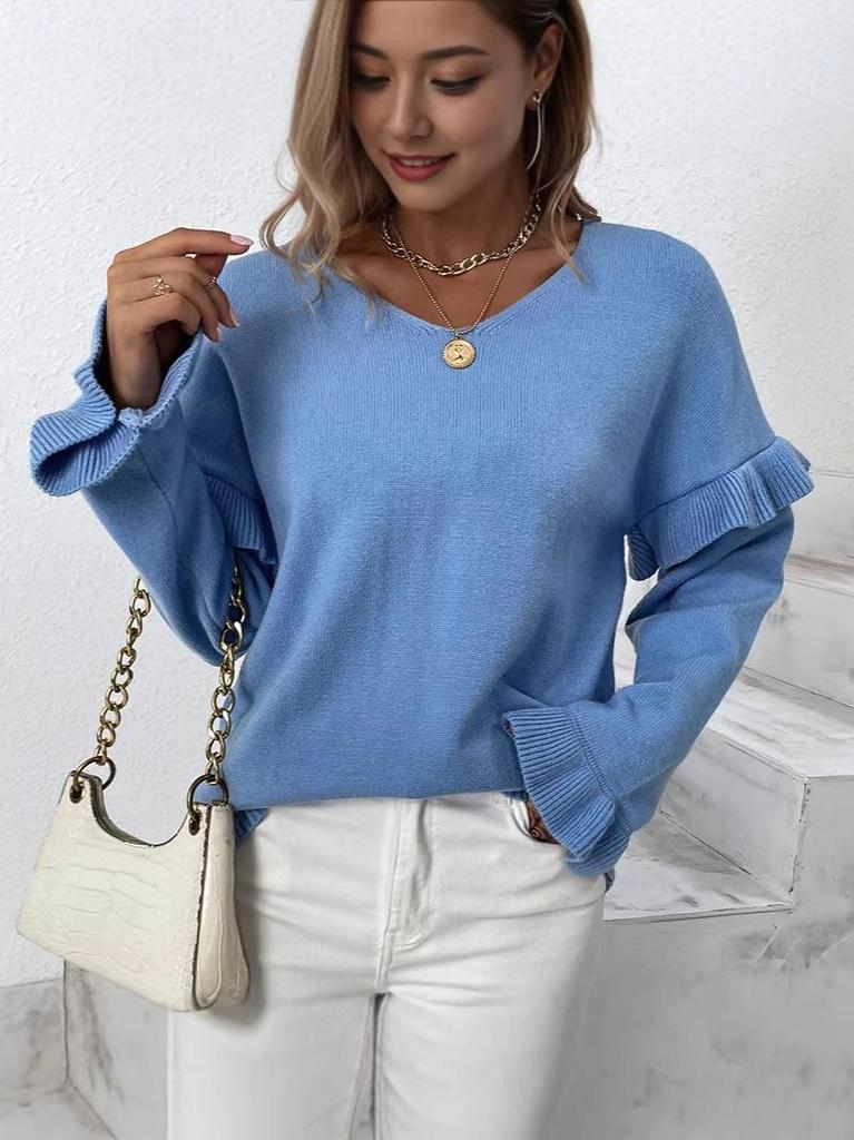 Spring 2026 Solid V-Neck Petal Sleeve Knitwear