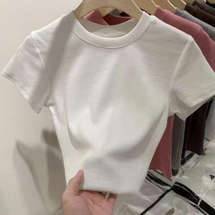 Dopamine Thread Slimming Women's Summer Short Sleeve T-Shirt – Versatile Straight Shoulder Round Neck