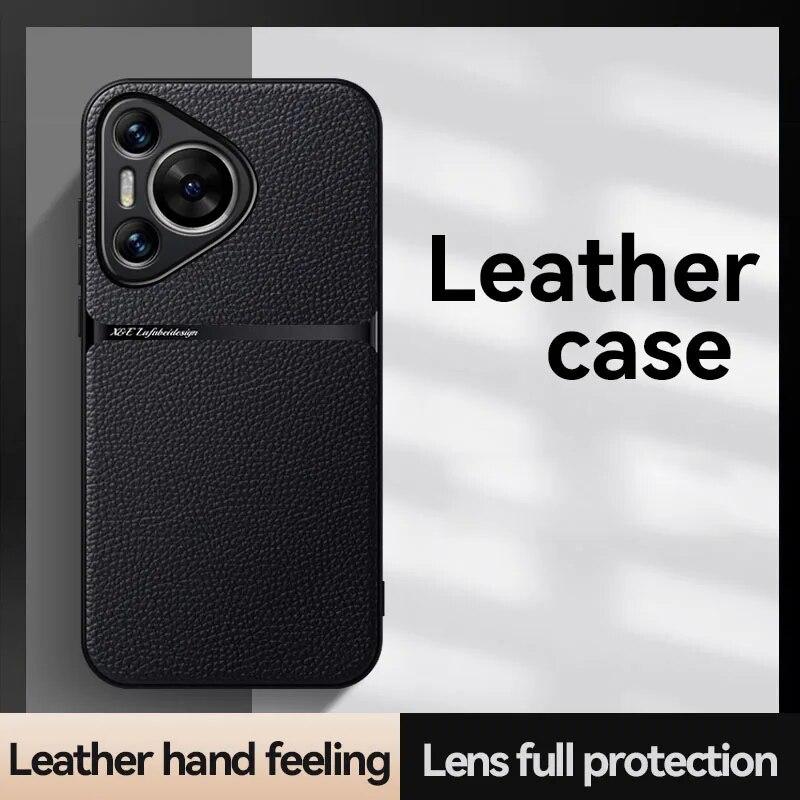Magnetické pouzdro na telefon do auta pro Huawei Pura 70 Pro 5G Kožená textura Silikonová ochrana Nárazuvzdorný zadní kryt pro Pura 70 Pro Plus