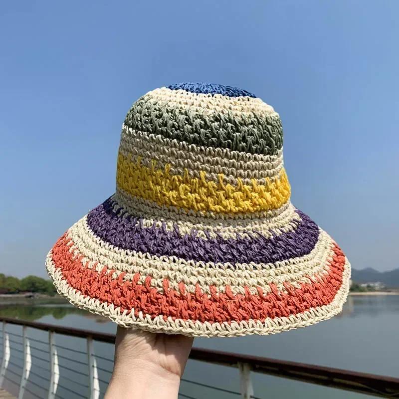 Women Summer Colorful Crochet Foldable Crochet Sun Shading Tourism Vacation Seaside Crochet Beach Sunshade Fisherman Hat
