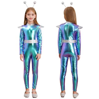 Kids Alien Cosplay Costume Long Sleeve Metallic Shiny Bodysuit with Hair Hoop for Halloween Carnival Theme Party Performance