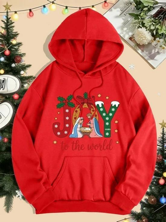 Women’s Merry Christmas Happy World Print Pocket Loose Hoodie
