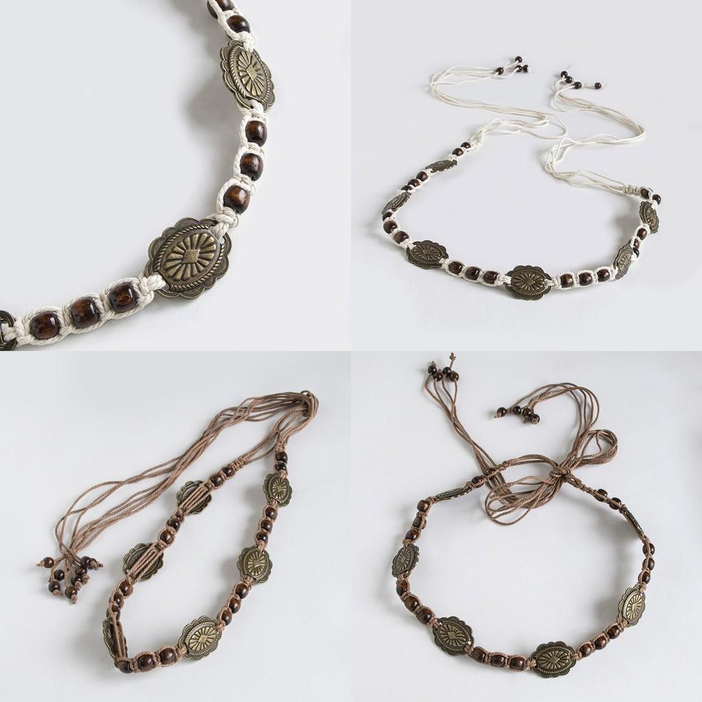 Böhmischer Stil Metall- und Holzperlen-Dekor Damen Webgürtel für lässige Sommerferien